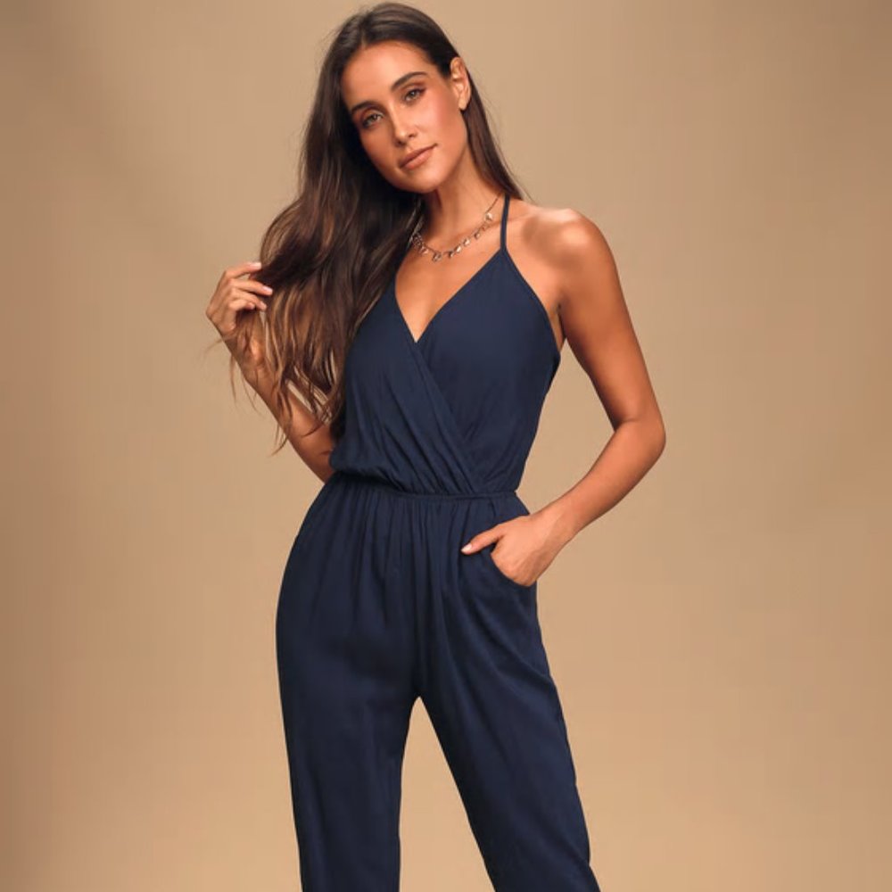 Lulu's Navy Blue Halter Jumpsuit
